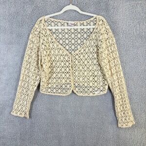 Vintage Bongo Cream Crochet Cropped Cardigan Sweater 100% Cotton M USA Made 90s
